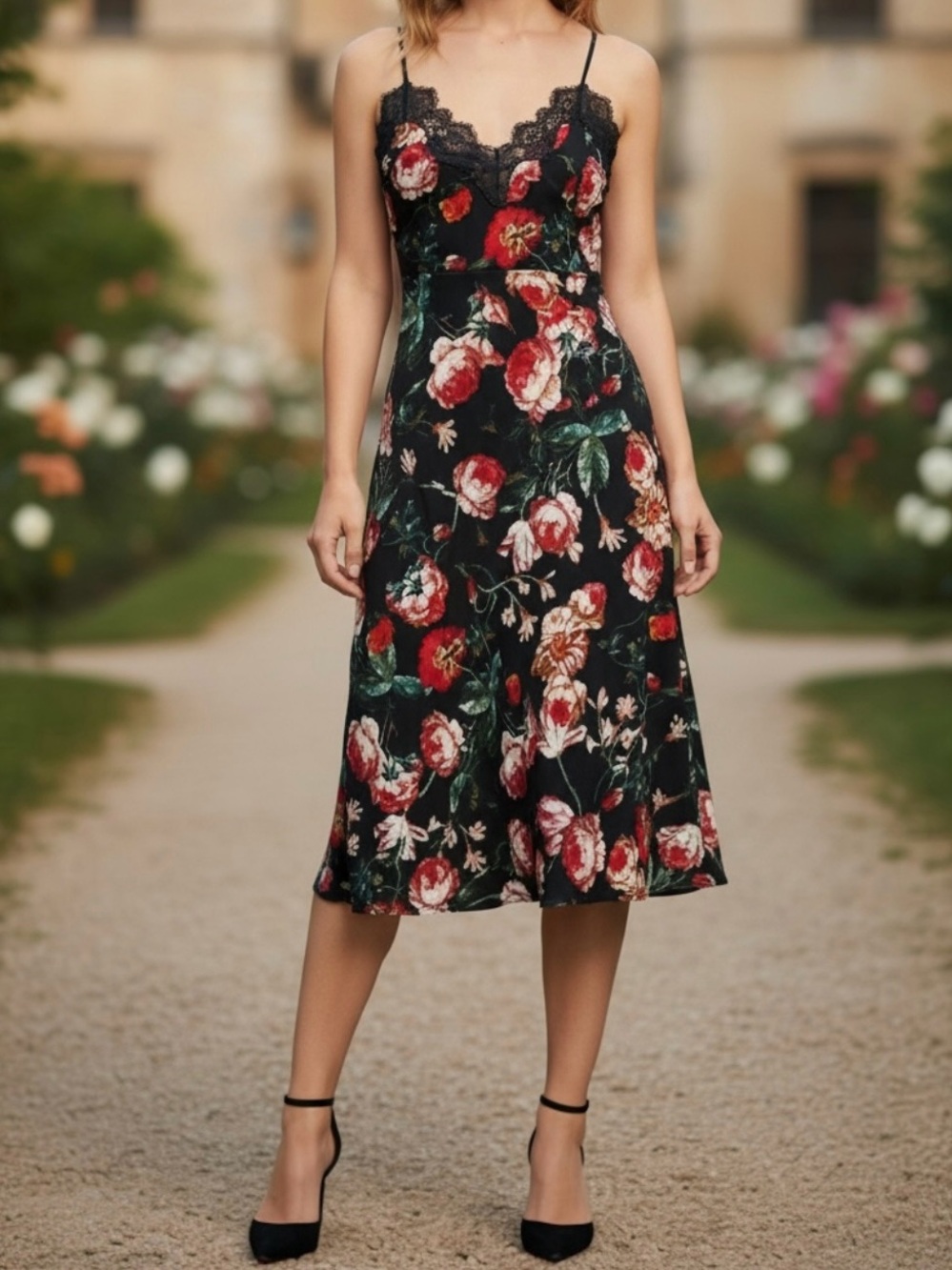 NEW Anthropologie FoxieDox Midi Slip Floral Print Date Night Dress Lace X-Small
